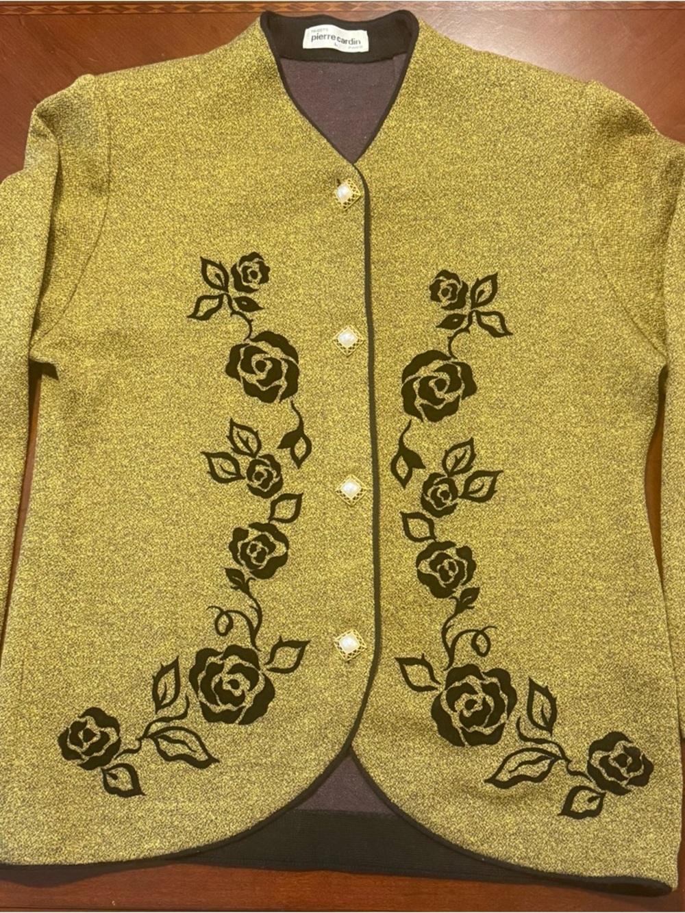 Rare VTG Pierre Cardin Olive Green Knit Cardigan with Black Rose embroidery